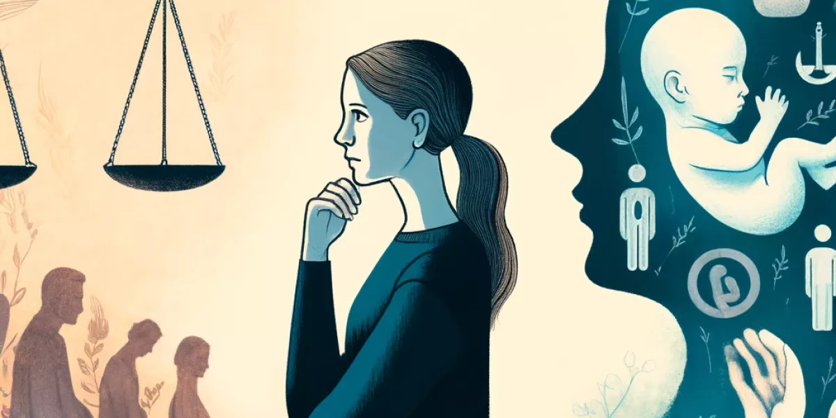 An AI-generated illustration capturing the emotional complexity and societal pressures surrounding personal choice and freedom in the context of abortion.