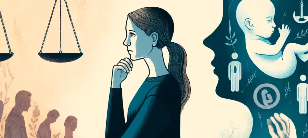 An AI-generated illustration capturing the emotional complexity and societal pressures surrounding personal choice and freedom in the context of abortion.